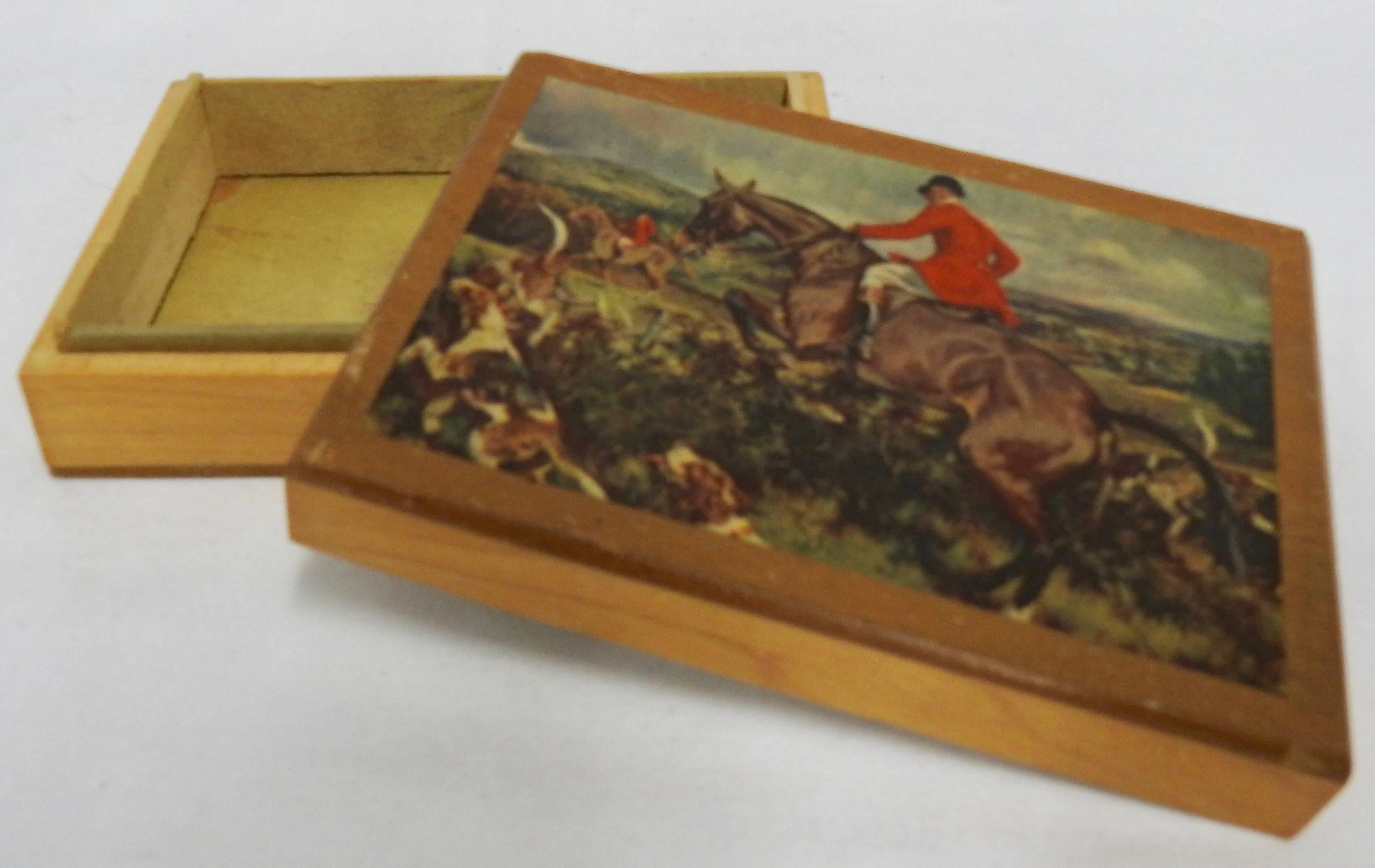 Wooden Box with Decoupage Hunt Scene, Vintage